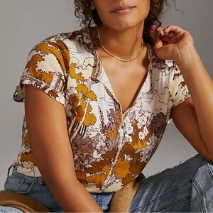 Anthropologie Pilcro Spliced Neck Tee Oyster Floral Forest Print - Large